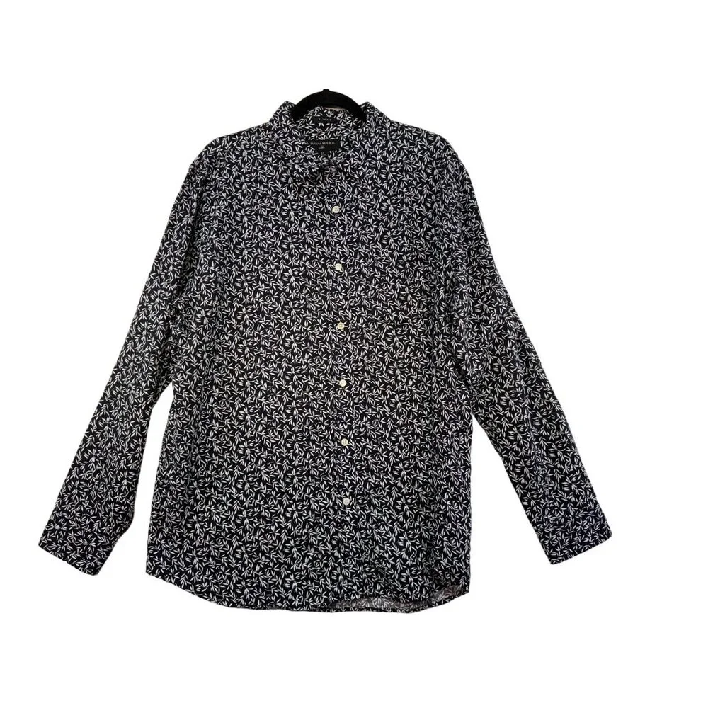 Banana Republic Slim Fit XL Navy & White Leaf Print Linen Blend Long Sleeve Butt